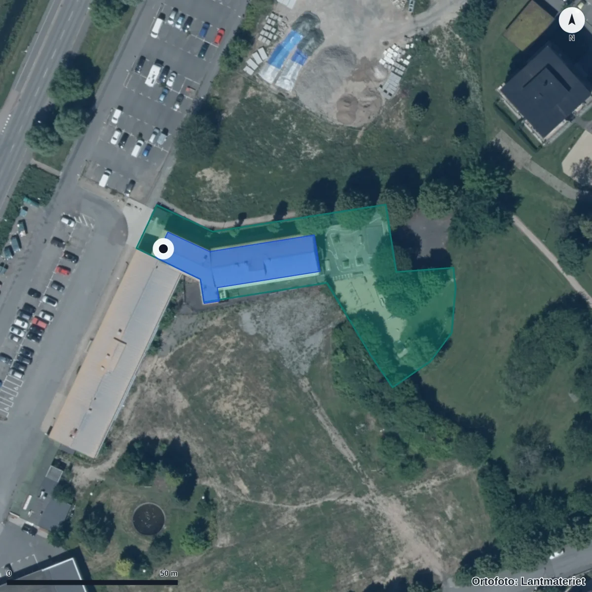 Flygbild över Montessoriförskolan Solen, ortofoto från Lantmäteriet