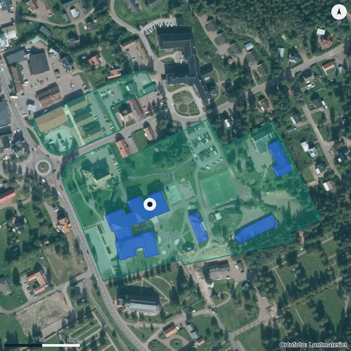 Flygbild över Regnbågens Förskola Särna, ortofoto från Lantmäteriet