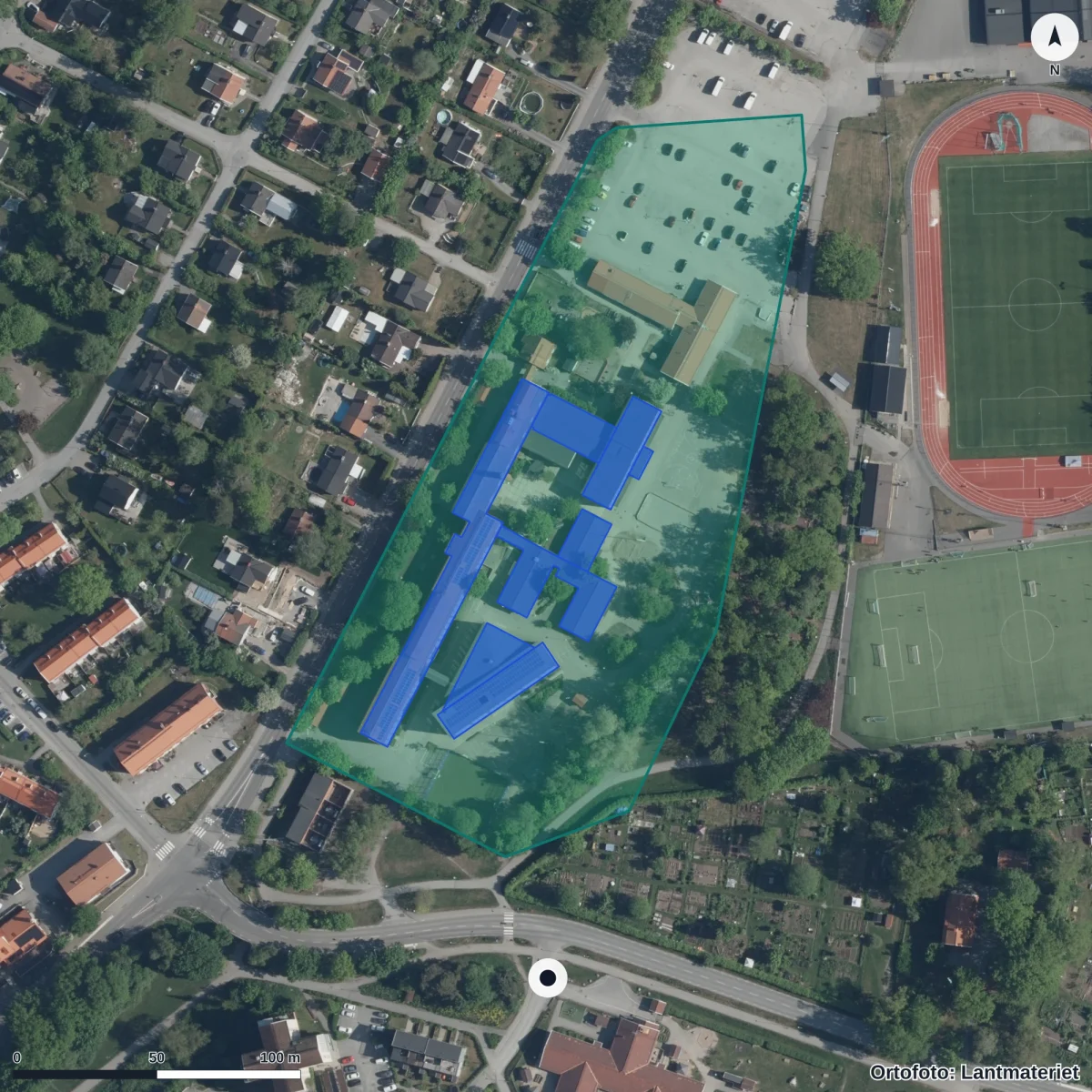Flygbild över Bolinders Förskola ,k,, ortofoto från Lantmäteriet