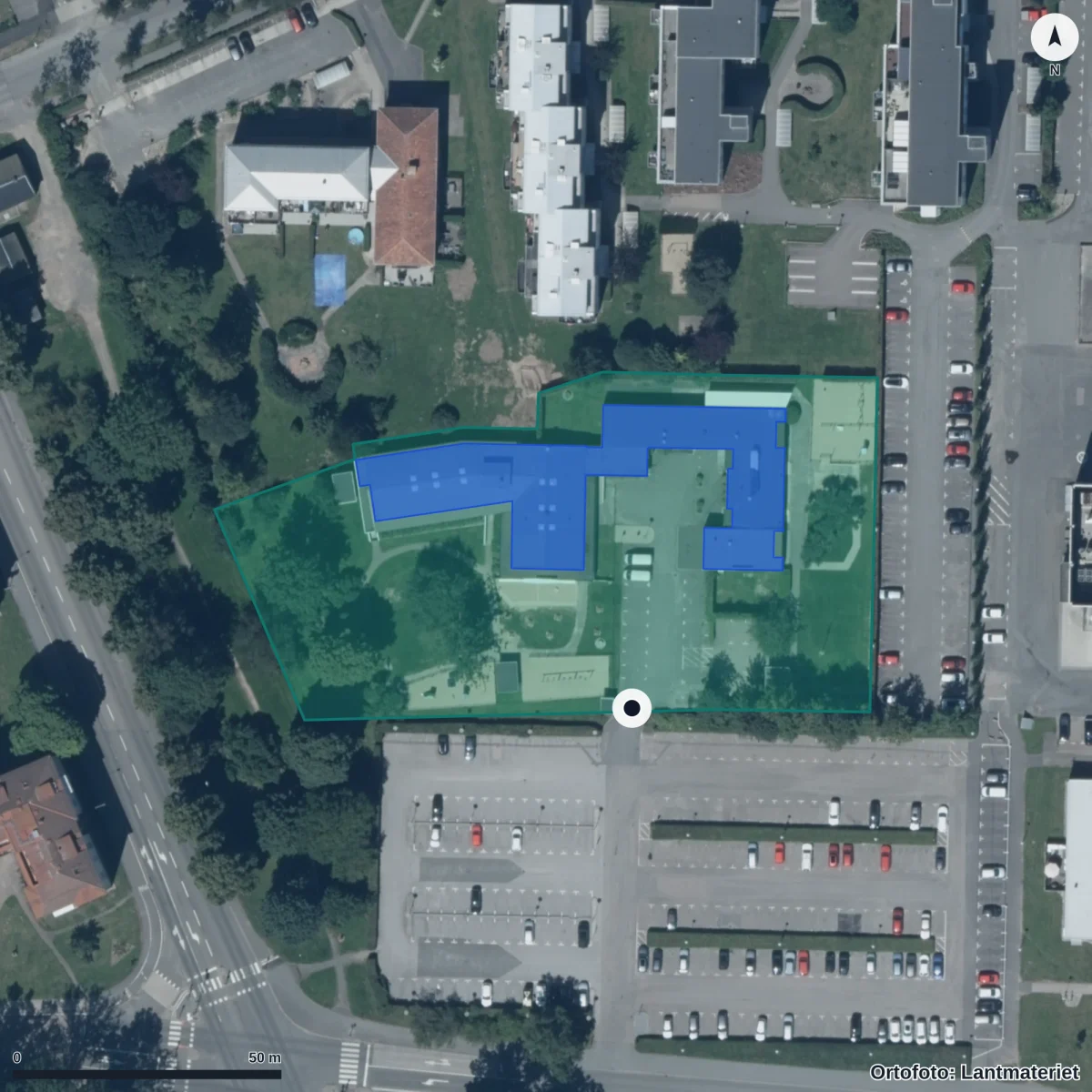 Flygbild över Naturförskolan Sally, ortofoto från Lantmäteriet