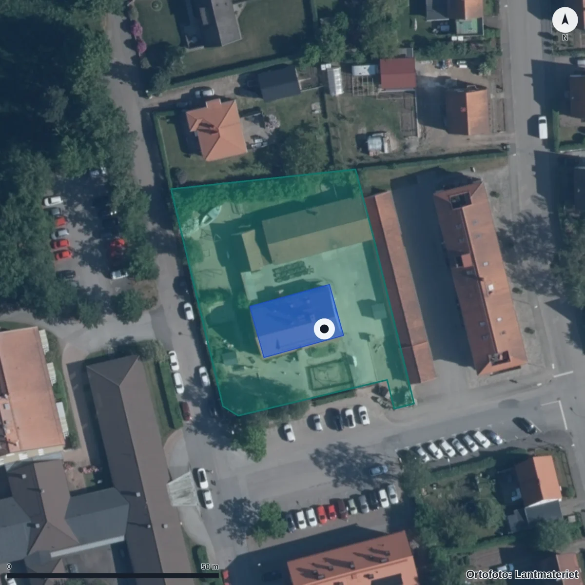 Flygbild över Montessoriförskolan Filosofen, ortofoto från Lantmäteriet