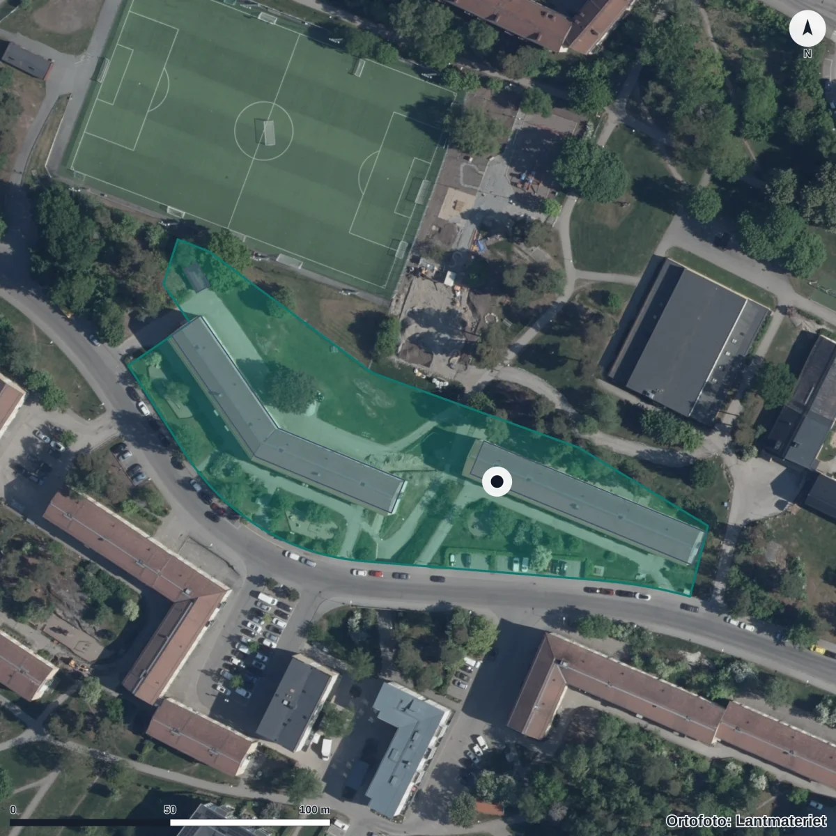 Flygbild över Förskolan Månen, ortofoto från Lantmäteriet