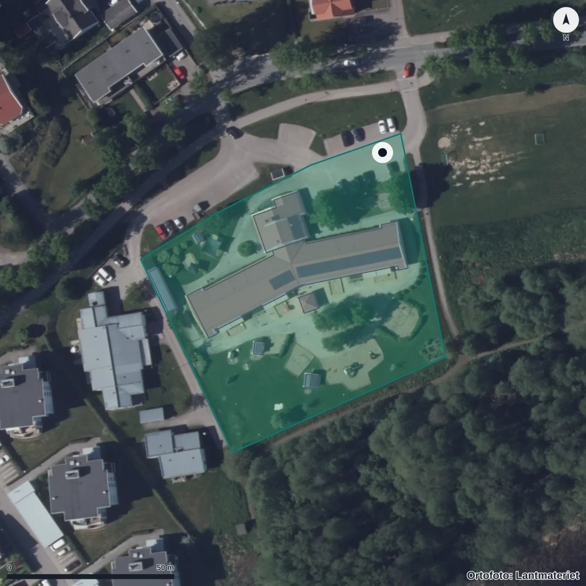 Flygbild över Seatons Allé Förskola, ortofoto från Lantmäteriet