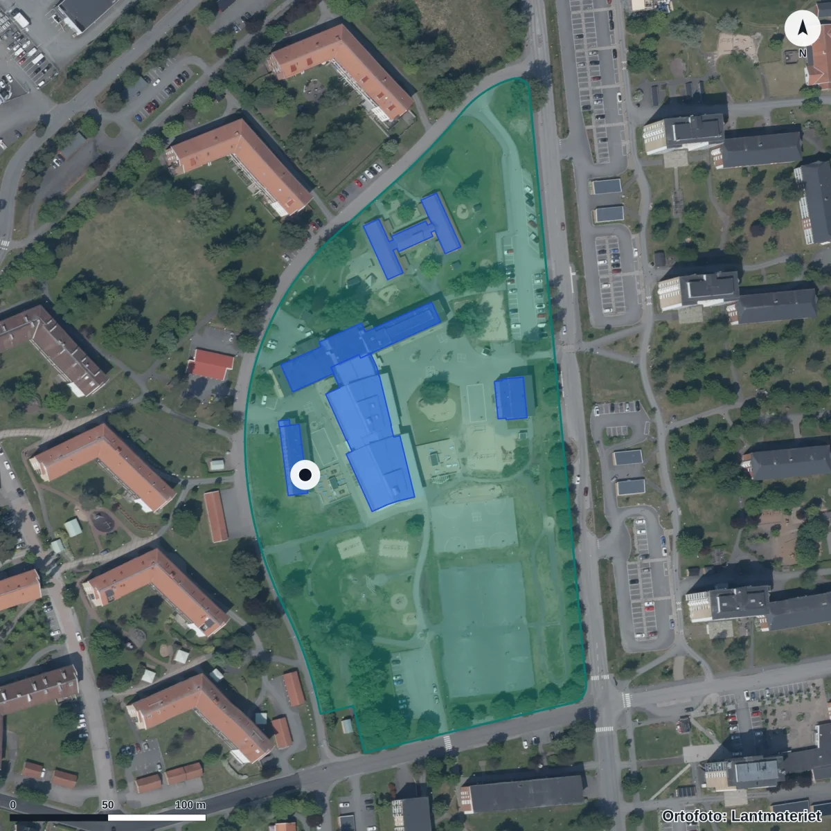 Flygbild över Runneryds Norra Förskola, ortofoto från Lantmäteriet
