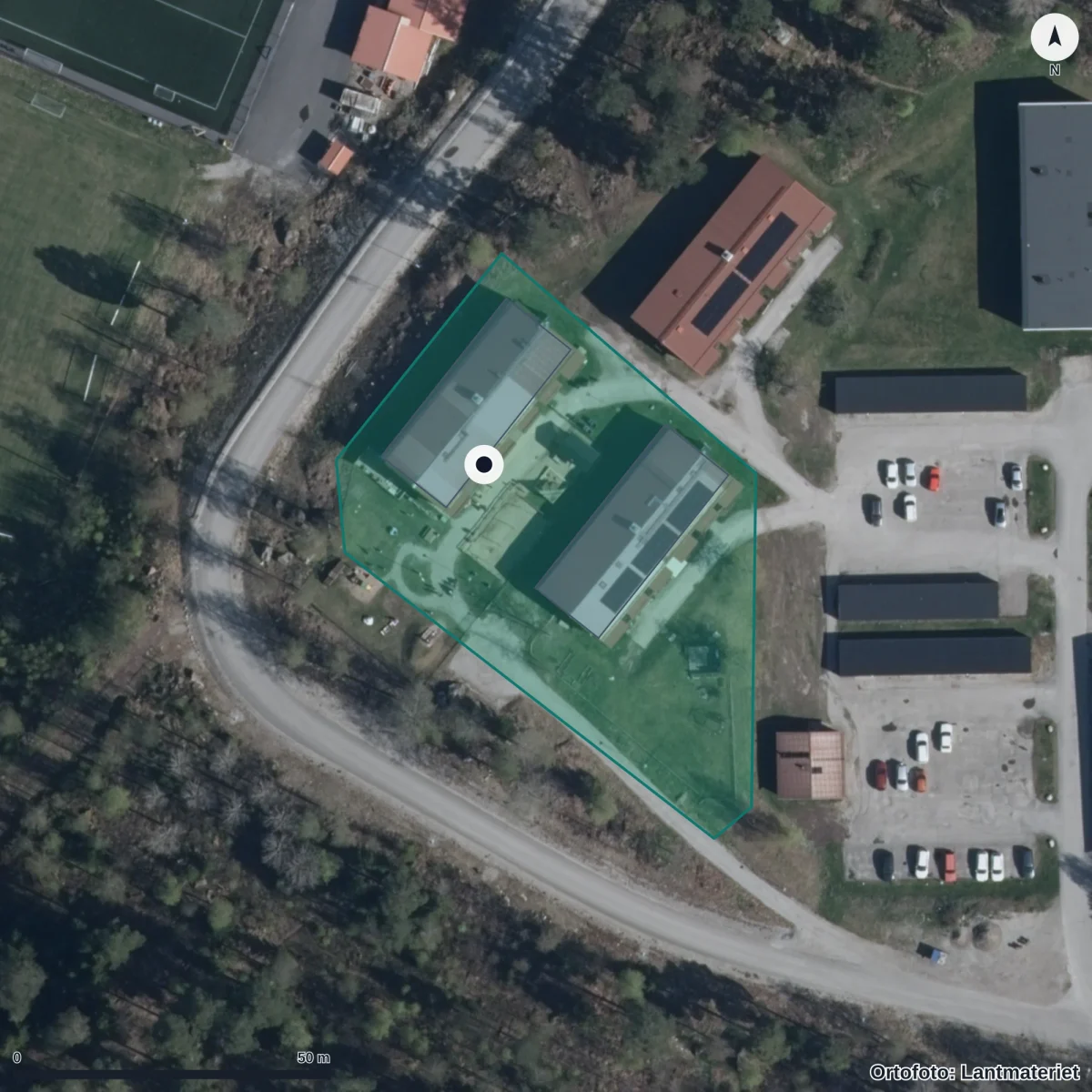 Flygbild över Korallens Förskola, ortofoto från Lantmäteriet