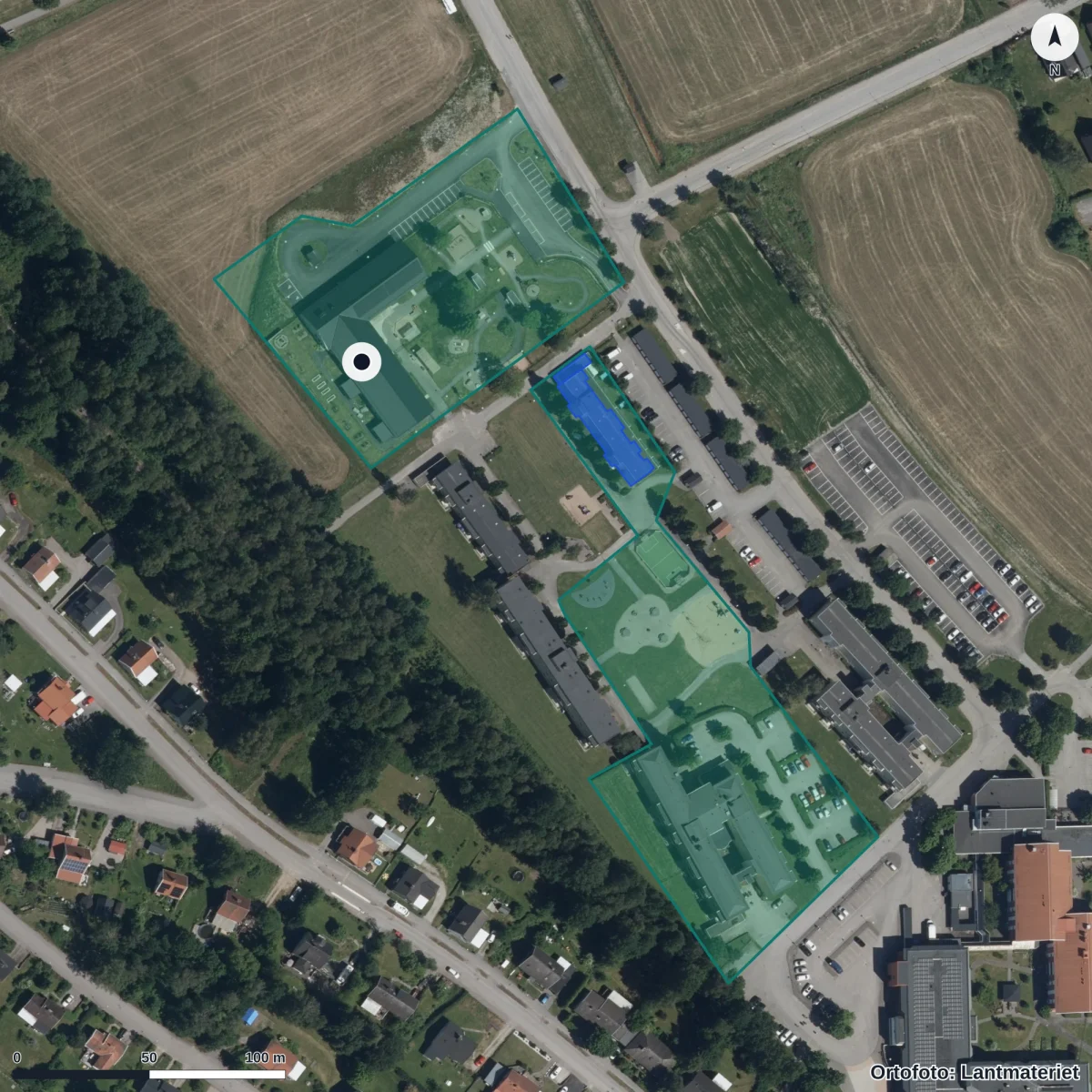 Flygbild över Sagolundens Förskola, ortofoto från Lantmäteriet