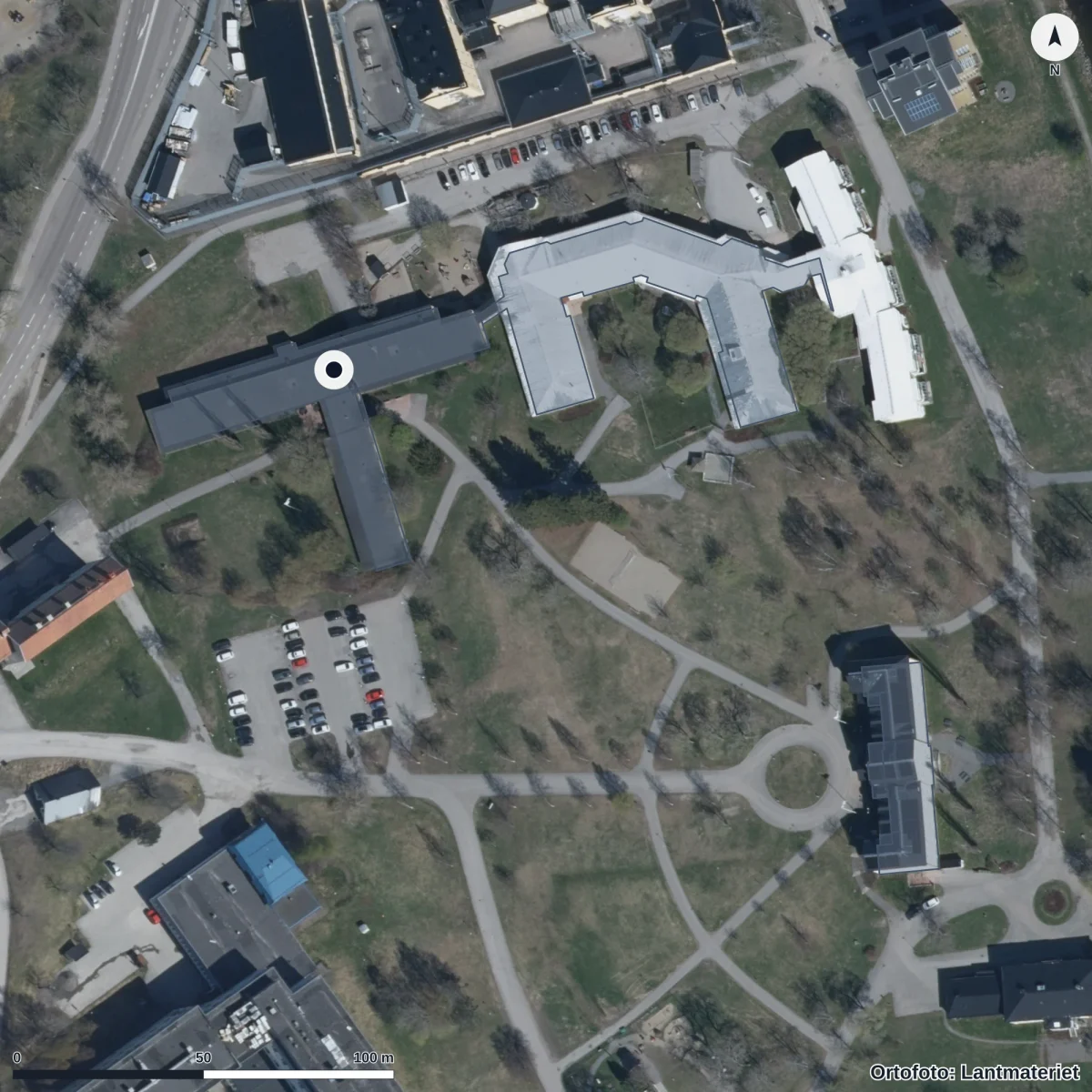 Flygbild över Sörgårdens Förskola, ortofoto från Lantmäteriet