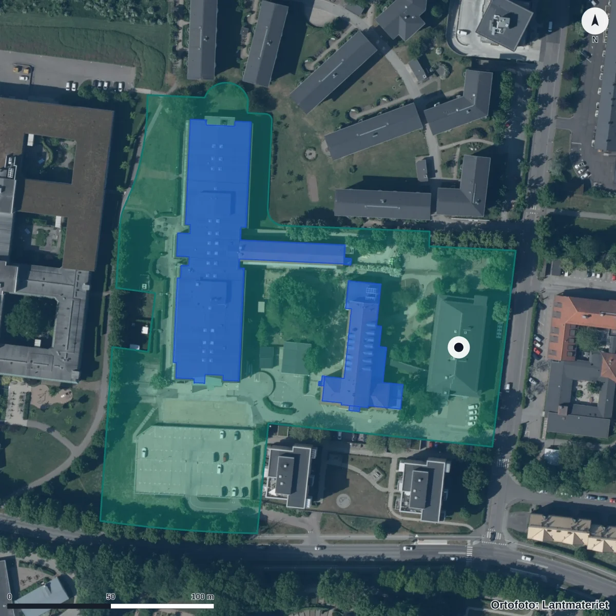 Flygbild över Bmsl Preeschool, ortofoto från Lantmäteriet