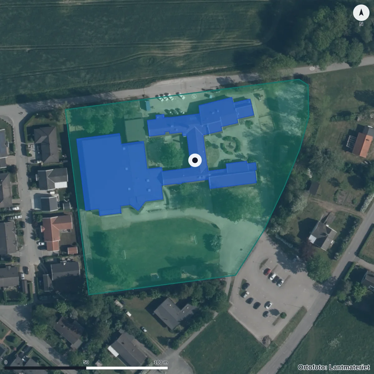 Flygbild över Gladbackens Förskola, ortofoto från Lantmäteriet