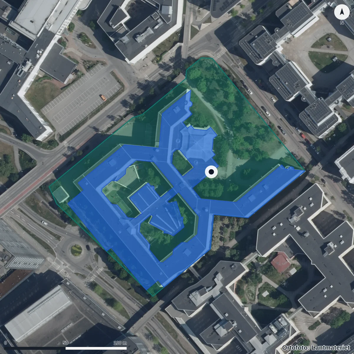 Flygbild över Norrbyförskolan, ortofoto från Lantmäteriet