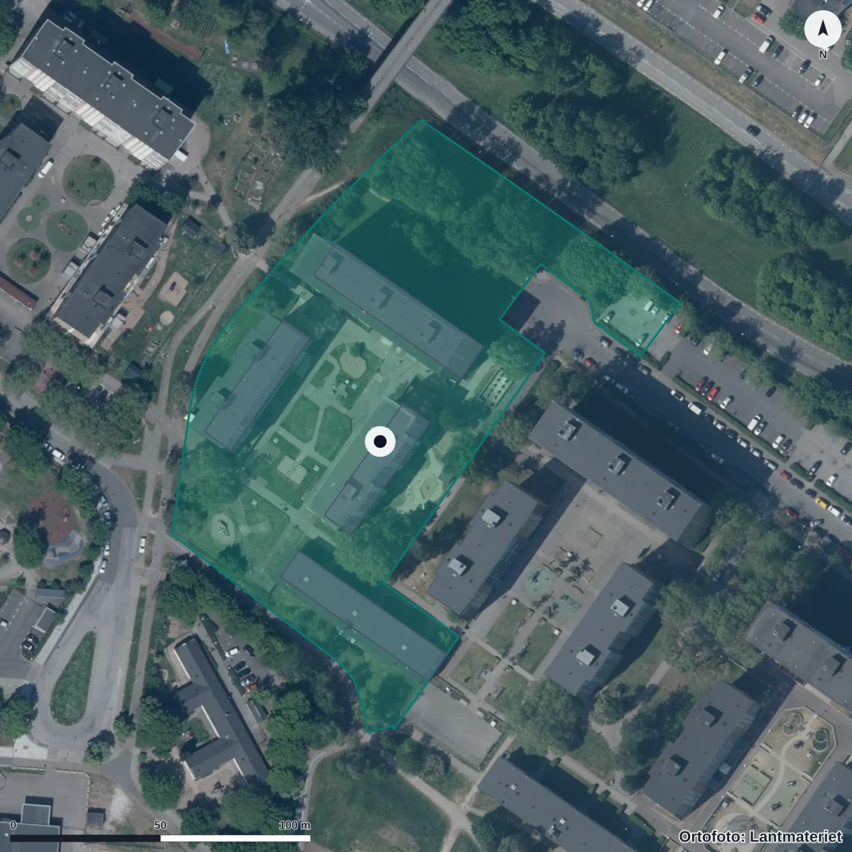 Flygbild över Gröningens Förskola, ortofoto från Lantmäteriet