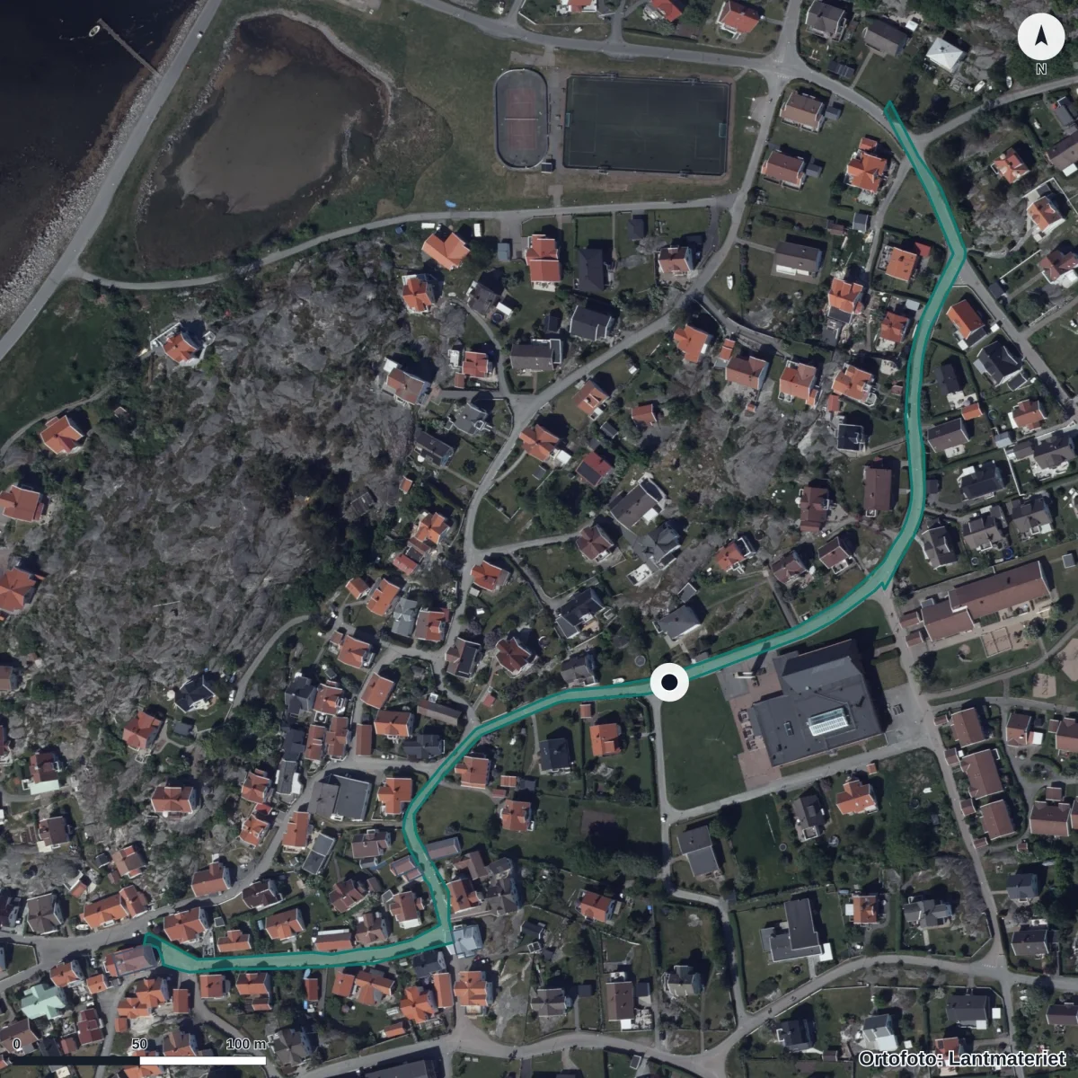 Flygbild över Saltkråkan Förskola, ortofoto från Lantmäteriet