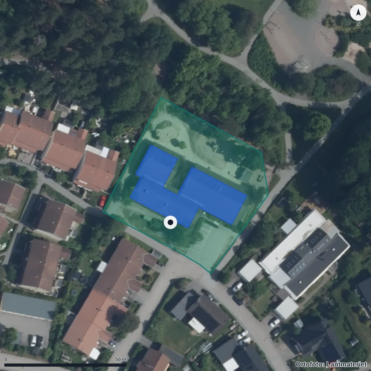 Flygbild över Västra Ängby Förskola, ortofoto från Lantmäteriet