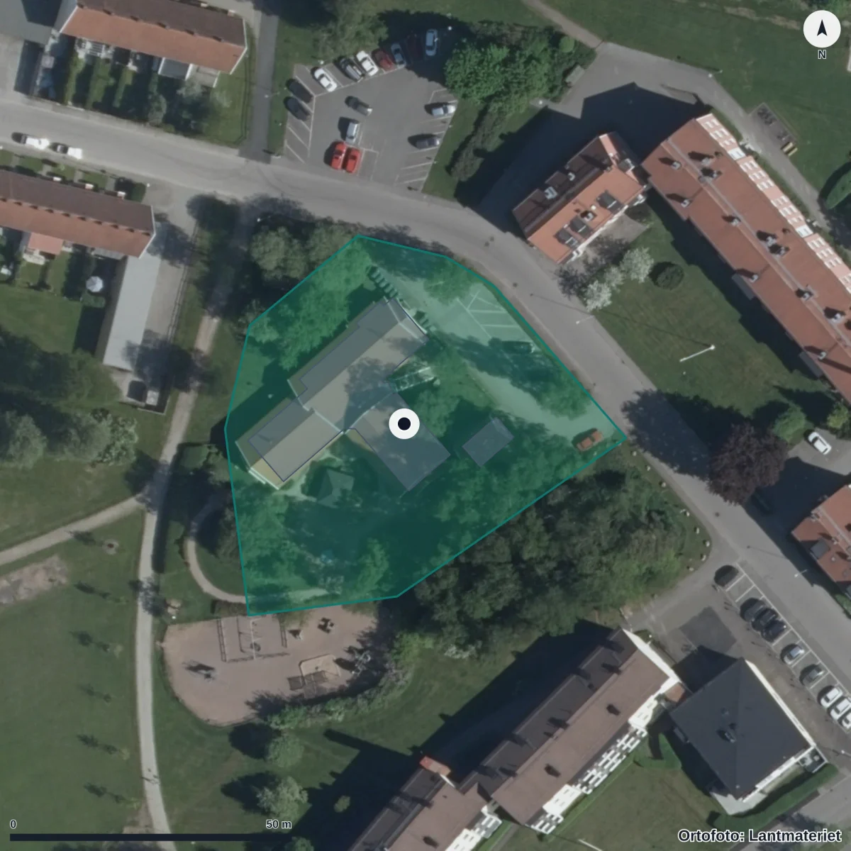 Flygbild över Förskolan Sunnanäng, ortofoto från Lantmäteriet