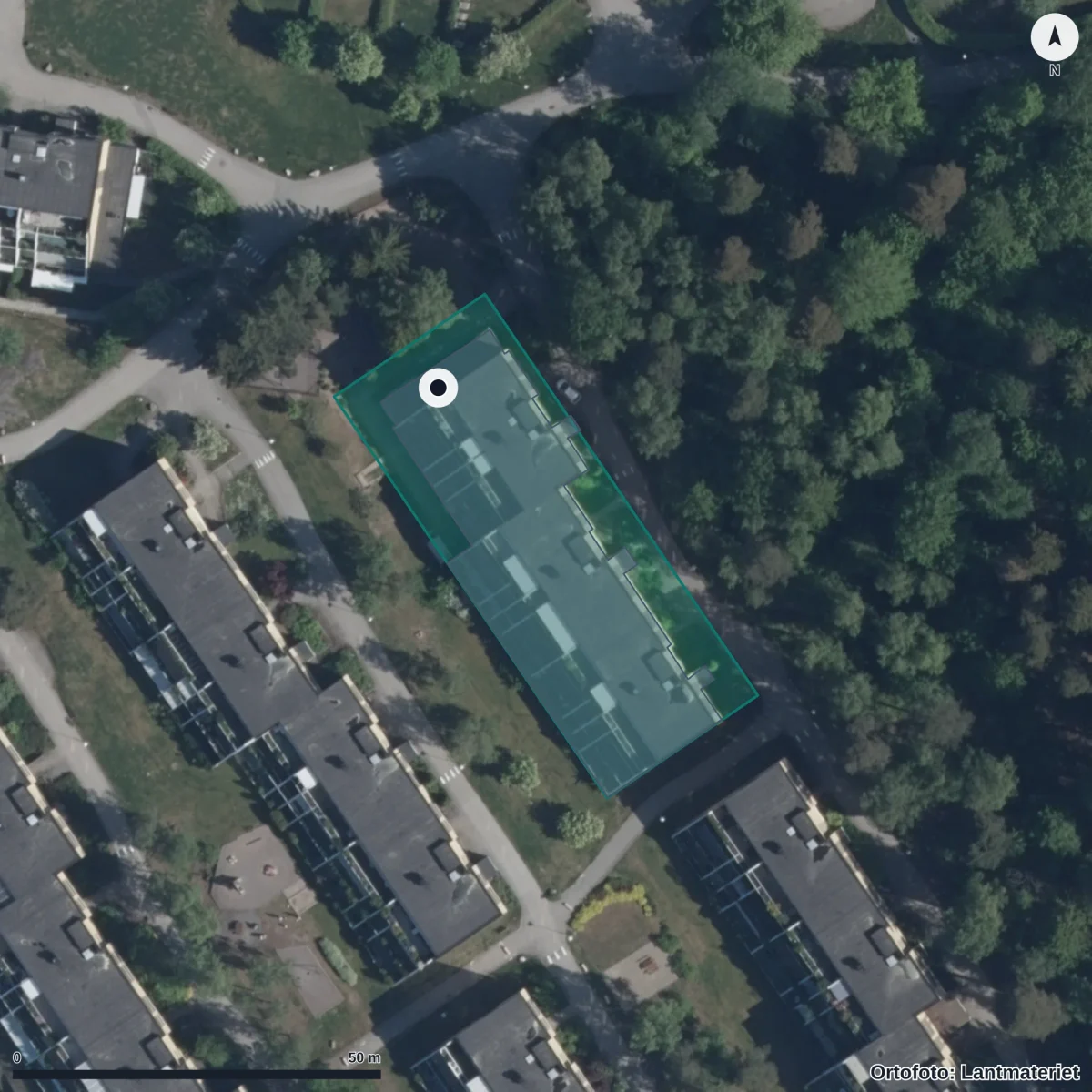 Flygbild över Föräldrakooperativet Fantasia, ortofoto från Lantmäteriet