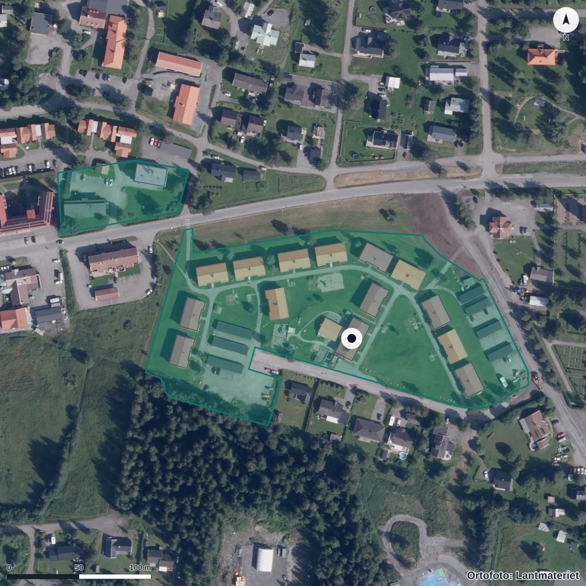 Flygbild över Hamre Förskola, ortofoto från Lantmäteriet