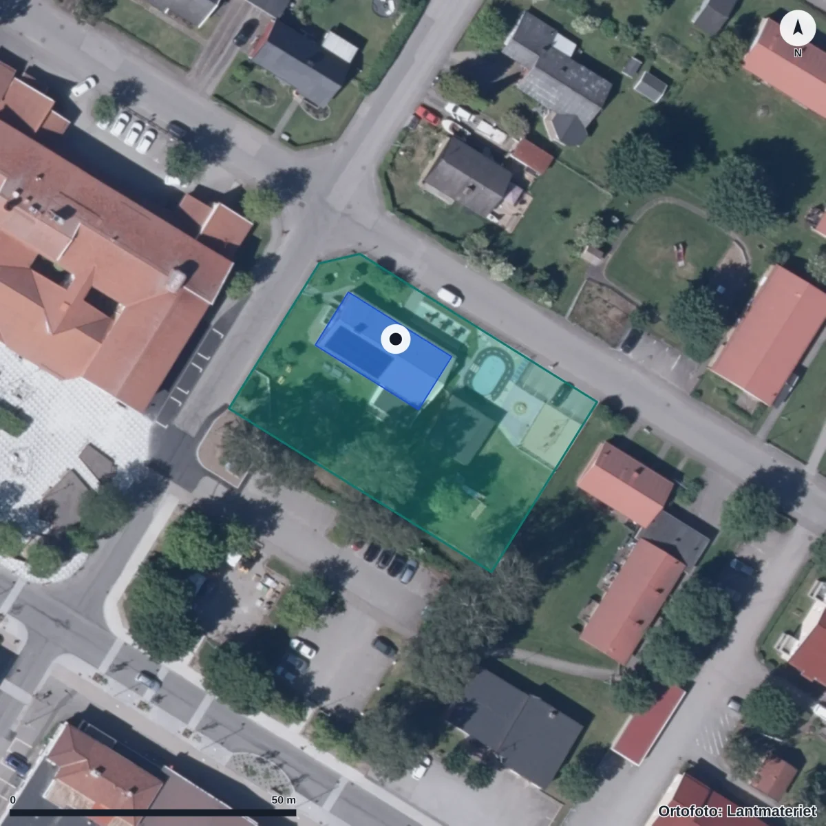 Flygbild över Rottne Förskola, ortofoto från Lantmäteriet