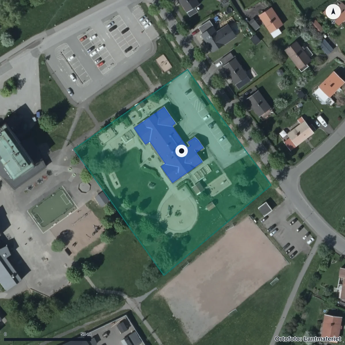 Aerial view of Hattstugans Förskola, orthophoto from Lantmäteriet