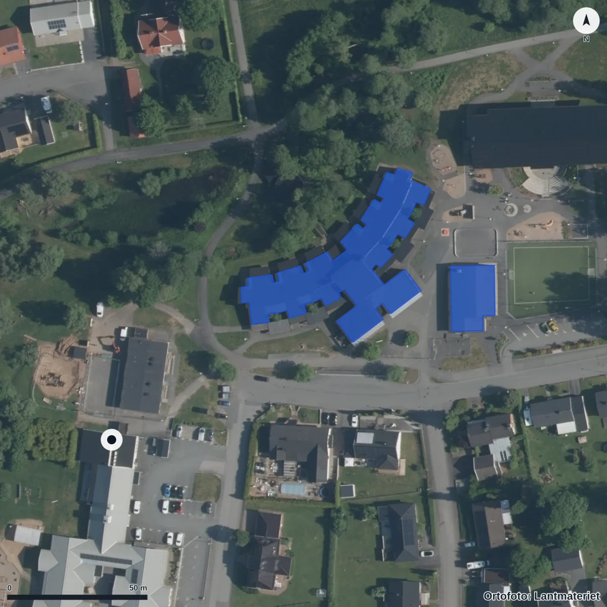 Flygbild över Bullerbyns Förskola, ortofoto från Lantmäteriet