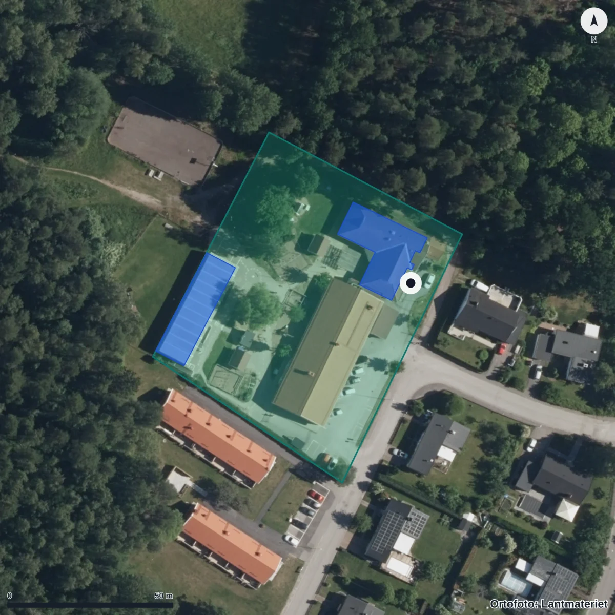 Flygbild över Skogsgläntans Förskola, ortofoto från Lantmäteriet