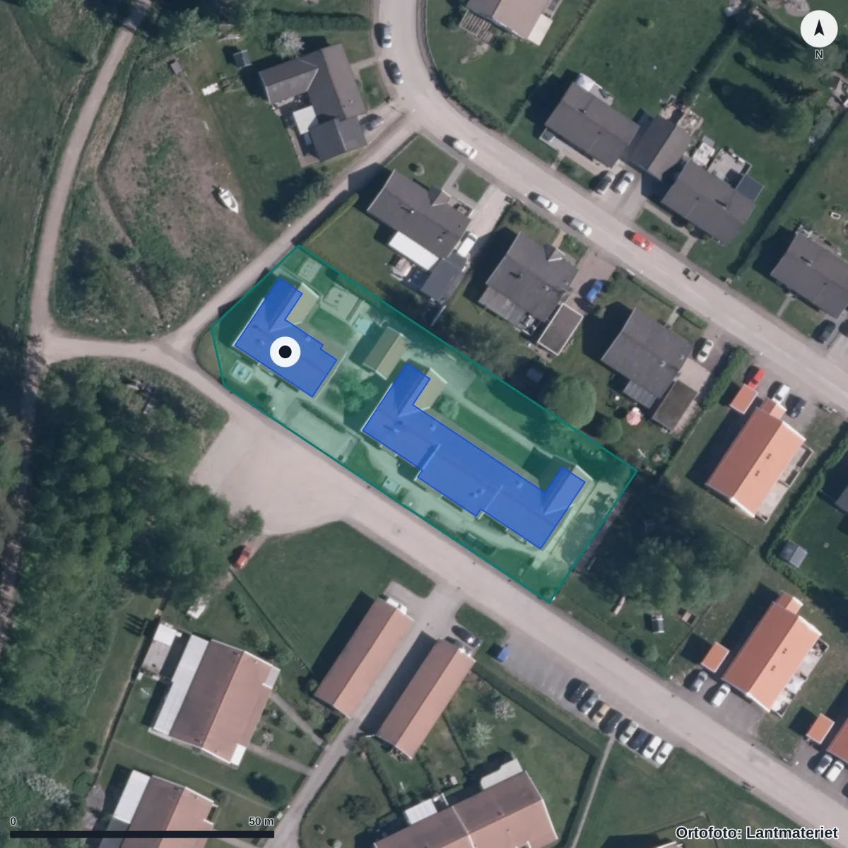 Flygbild över Åsens Förskola, ortofoto från Lantmäteriet