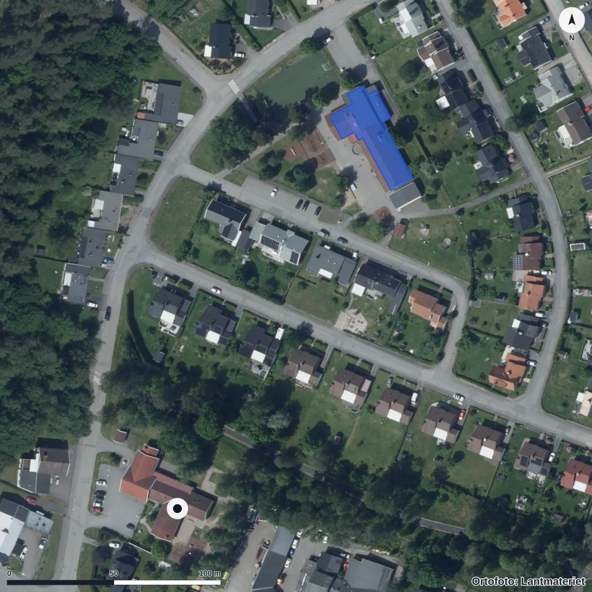Aerial view of Målaregårdens Förskola, orthophoto from Lantmäteriet