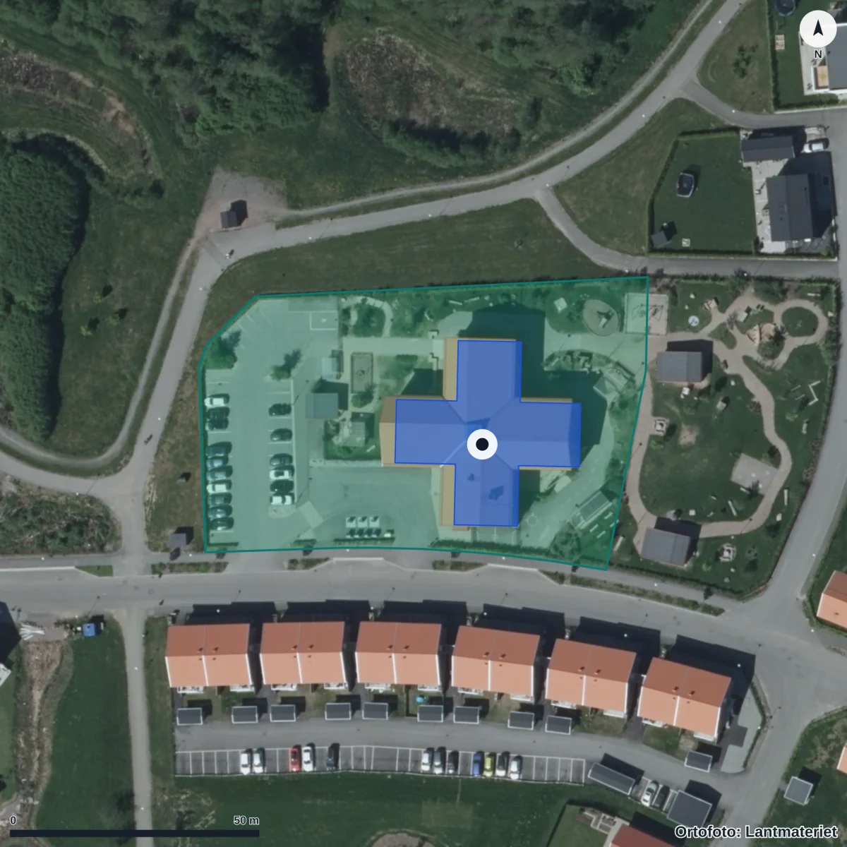 Flygbild över Lundagårdens Förskola, ortofoto från Lantmäteriet