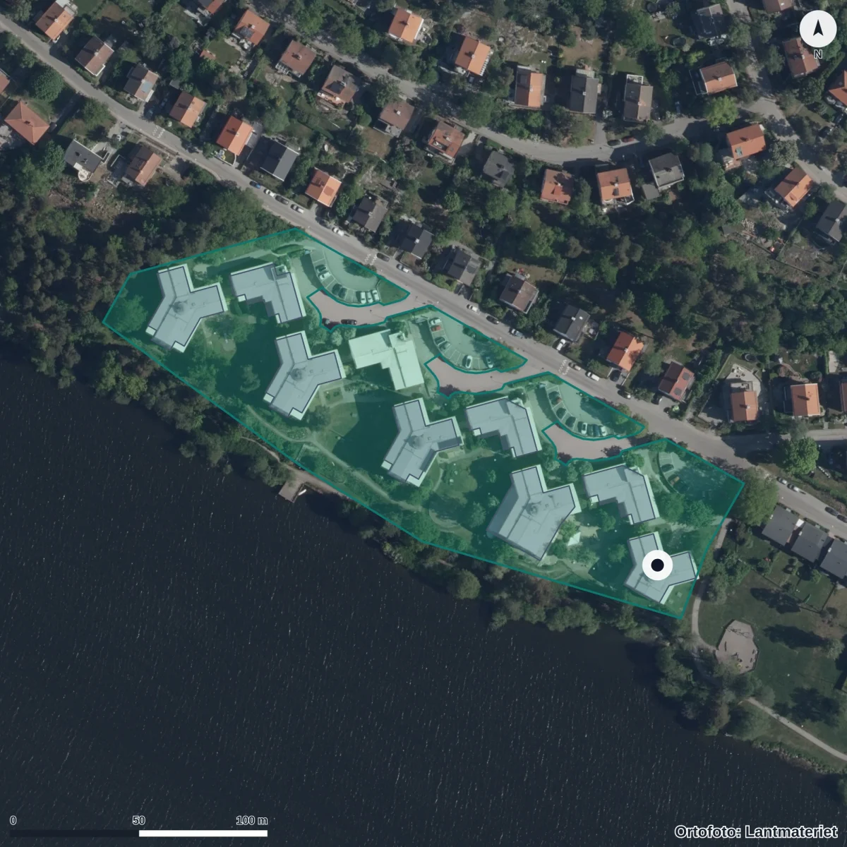 Aerial view of Brommakrokodilens Montessoriförskola, orthophoto from Lantmäteriet