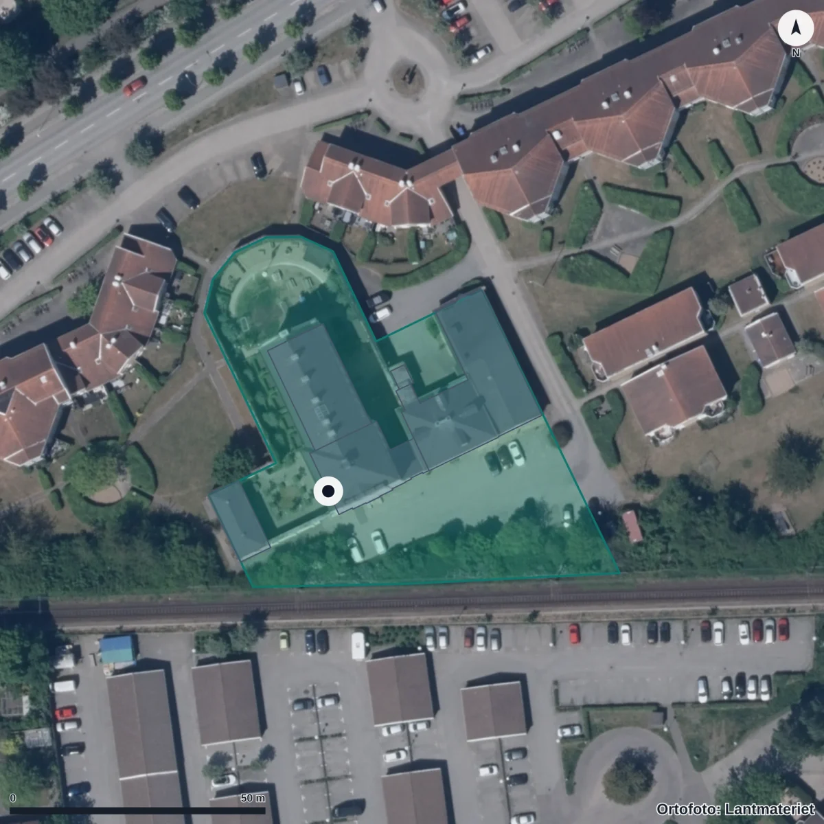 Flygbild över Lyckebo Förskola, ortofoto från Lantmäteriet