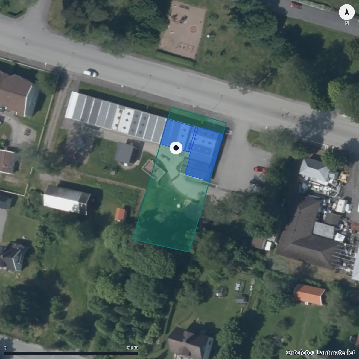Flygbild över Bodafors Norra Förskola, ortofoto från Lantmäteriet