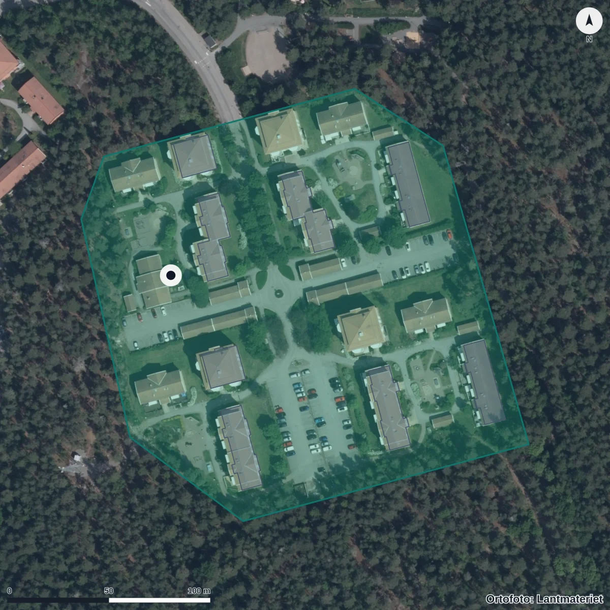 Flygbild över Förskolan Tärningen, ortofoto från Lantmäteriet