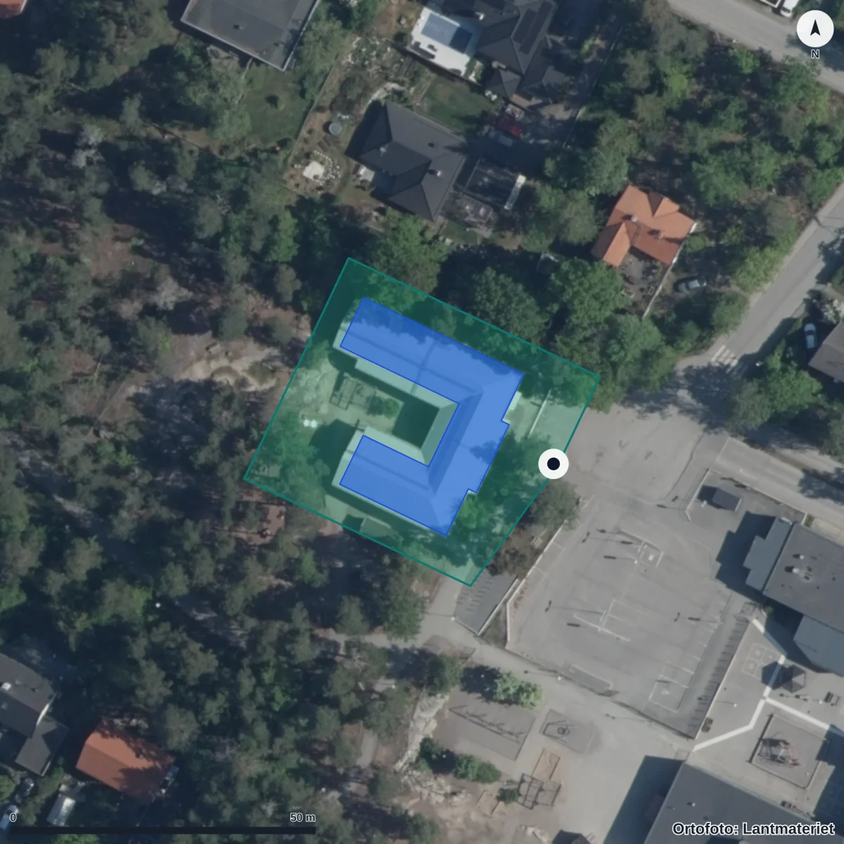 Flygbild över Olovslunds Förskola ,k,, ortofoto från Lantmäteriet