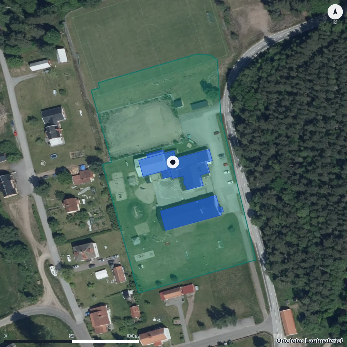 Flygbild över Rumskulla Förskola, ortofoto från Lantmäteriet