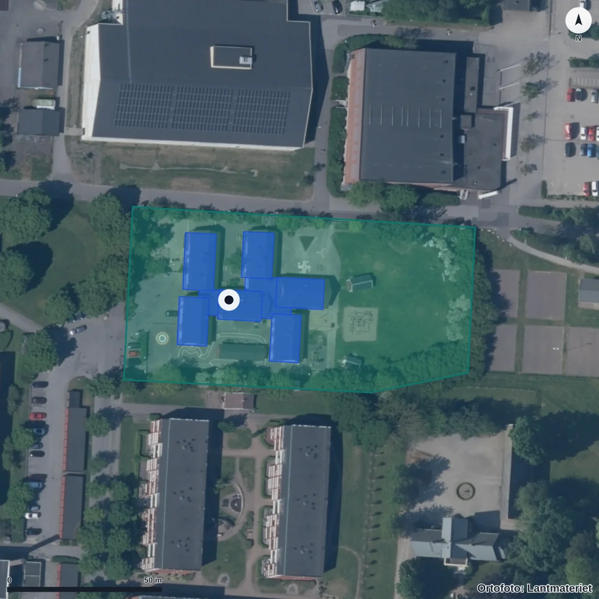 Flygbild över Örtagårdens Förskola, ortofoto från Lantmäteriet