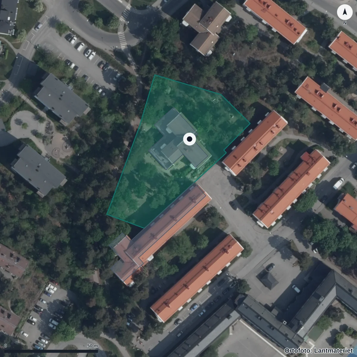 Flygbild över Förskolan Tämnargården, ortofoto från Lantmäteriet