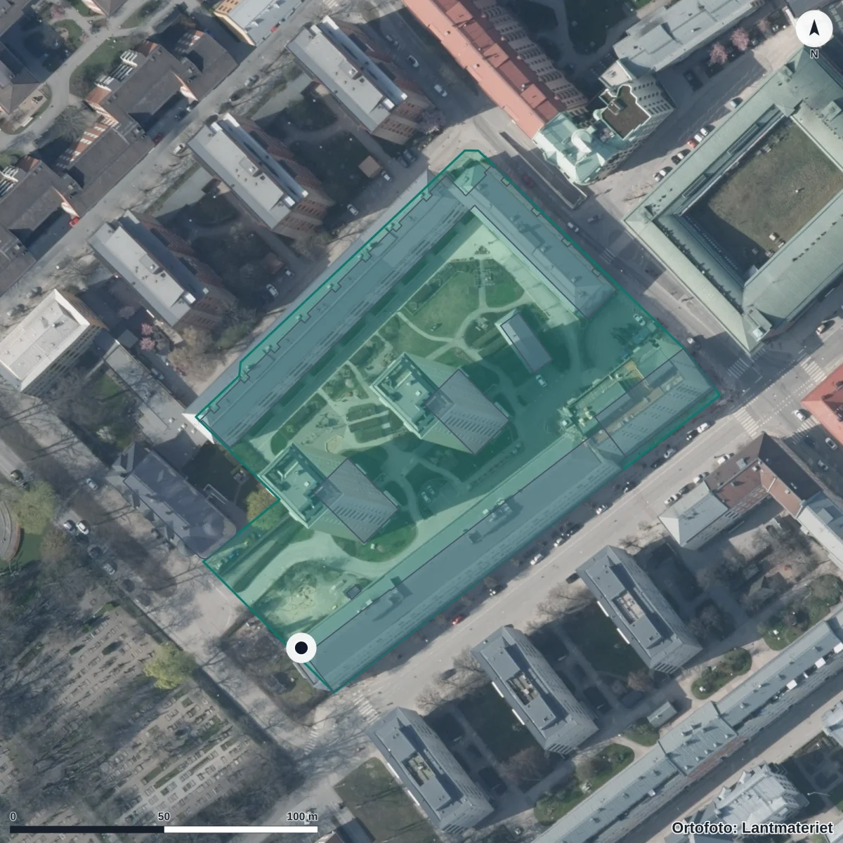 Flygbild över Allégården, ortofoto från Lantmäteriet