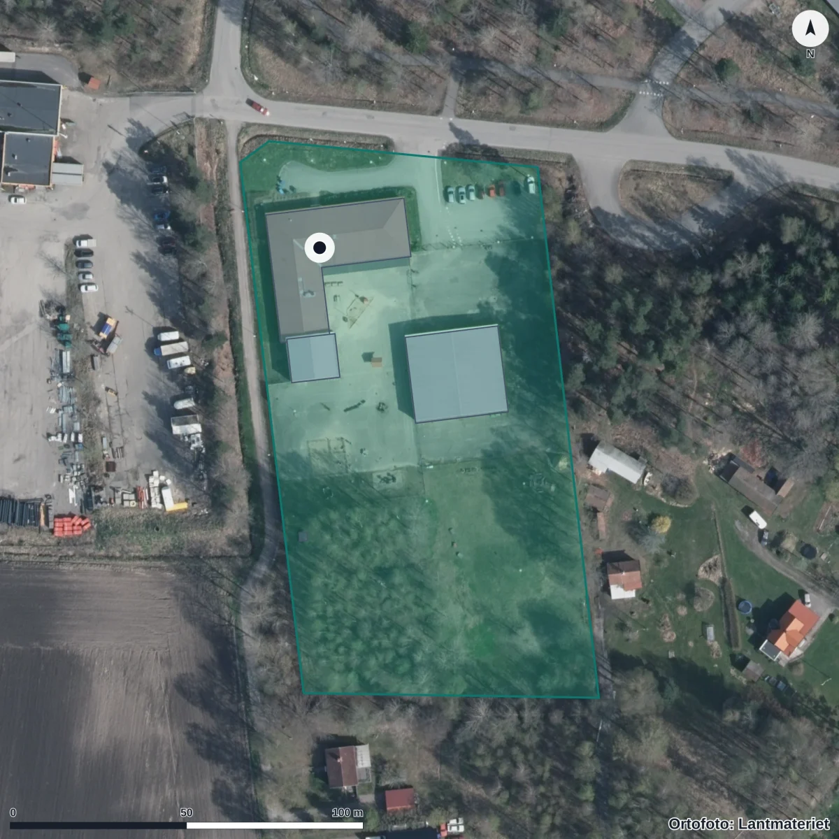 Flygbild över Förskolan Treudden, ortofoto från Lantmäteriet