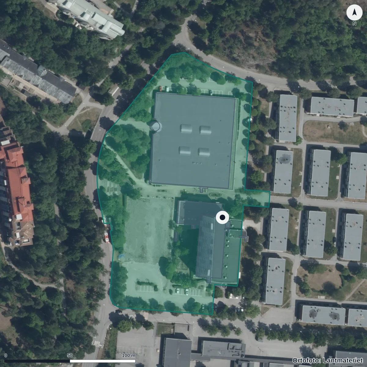 Flygbild över Fasadens Förskola, ortofoto från Lantmäteriet