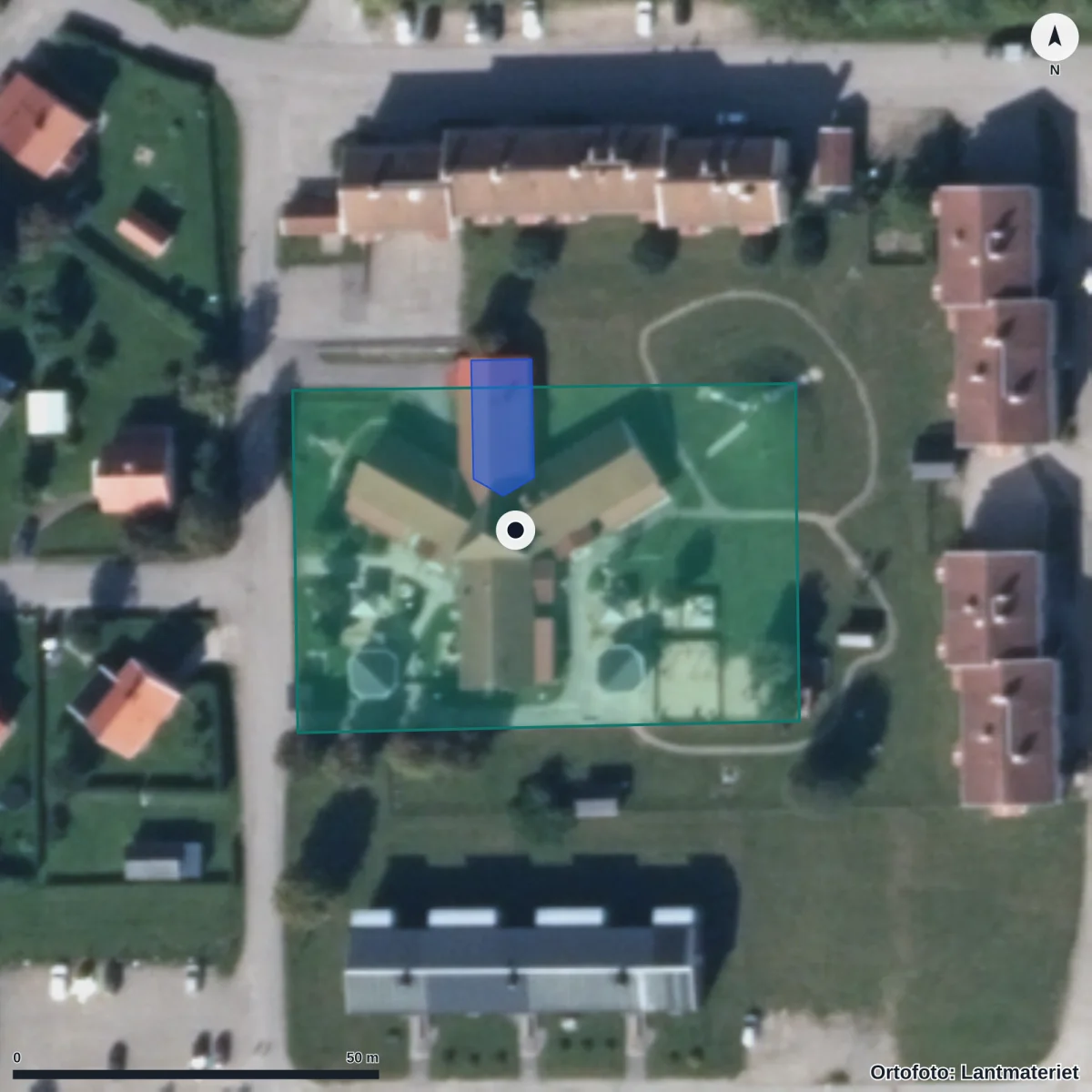 Flygbild över Propellerns Förskola, ortofoto från Lantmäteriet