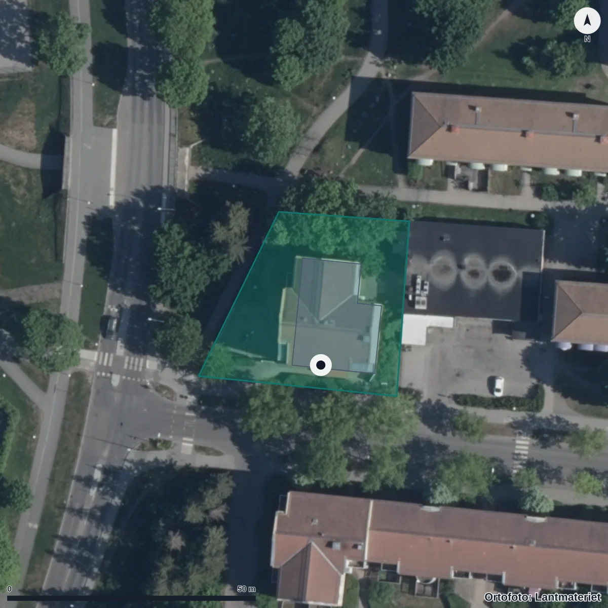Flygbild över Förskolan Tellus, ortofoto från Lantmäteriet