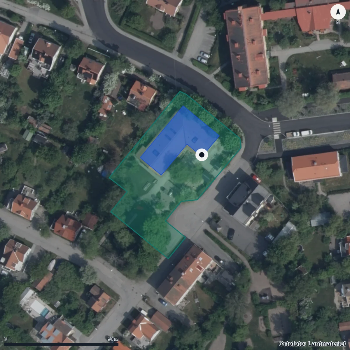 Flygbild över Förskolan Kulingen, ortofoto från Lantmäteriet