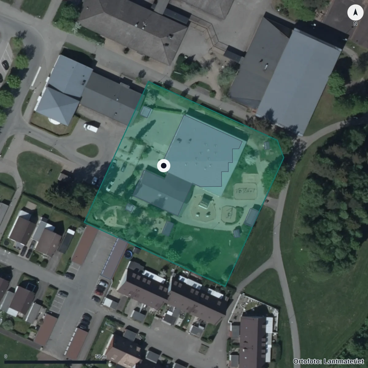 Flygbild över Myggdansens Förskola, ortofoto från Lantmäteriet