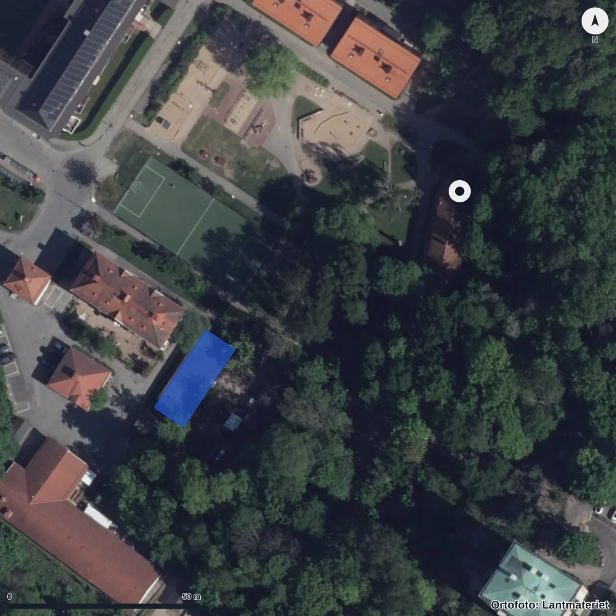 Aerial view of Sångglada Barn, orthophoto from Lantmäteriet