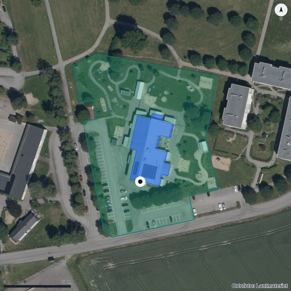 Flygbild över Äppellundens Förskola, ortofoto från Lantmäteriet