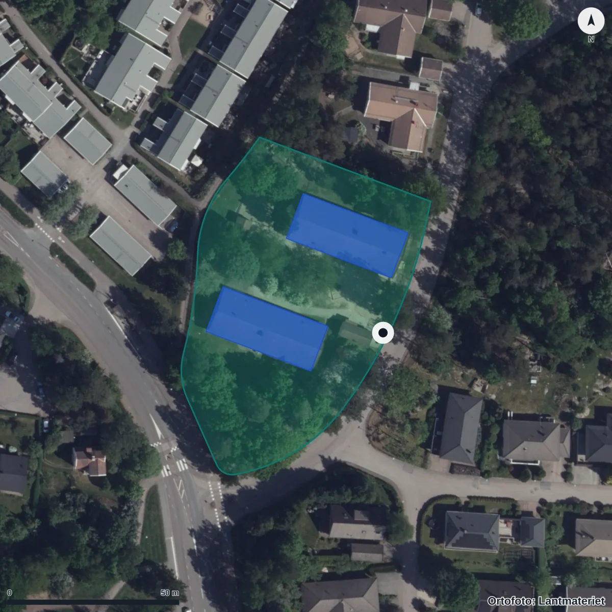 Flygbild över Båtsman Grås Gata 2 Förskola, ortofoto från Lantmäteriet