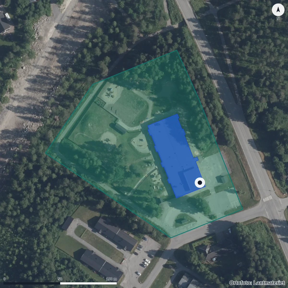 Flygbild över Kristallkulans Förskola, ortofoto från Lantmäteriet