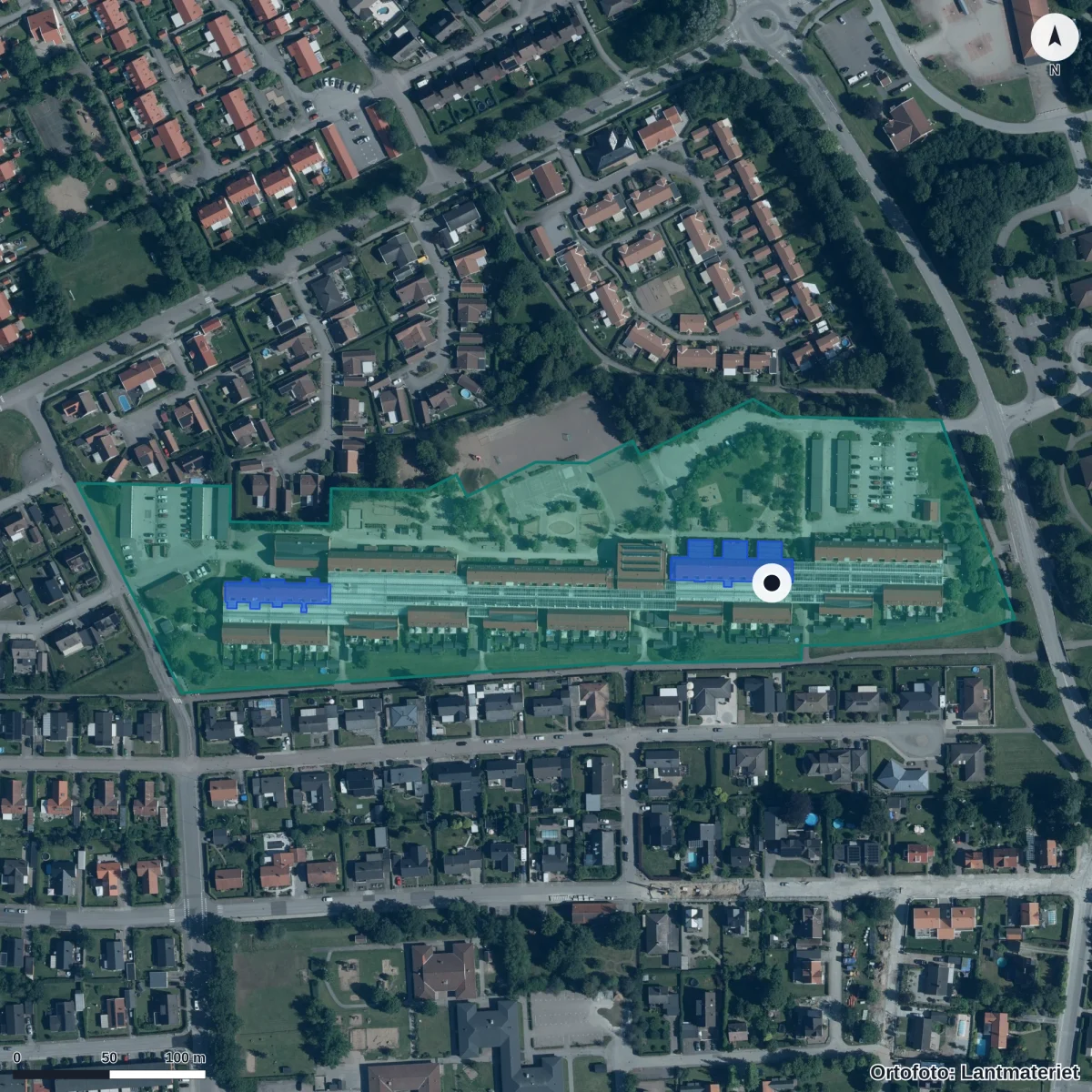 Flygbild över Fridebo Förskola, ortofoto från Lantmäteriet