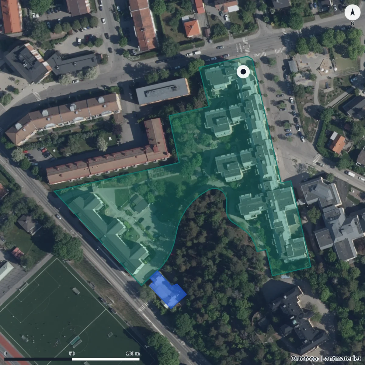 Flygbild över Förskolan Stjärnan, ortofoto från Lantmäteriet