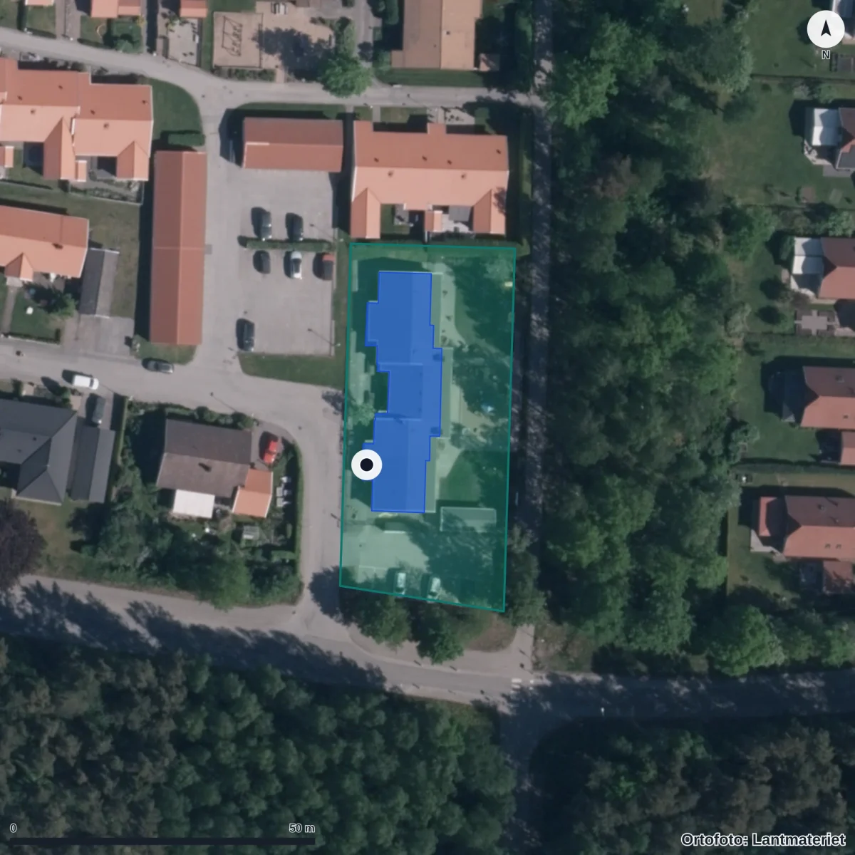 Flygbild över Ulriksdals Förskola, ortofoto från Lantmäteriet
