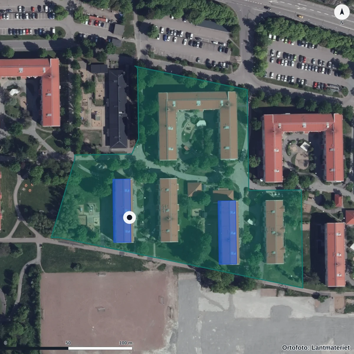 Flygbild över Eriksbo Östergärde 3 Förskola, ortofoto från Lantmäteriet